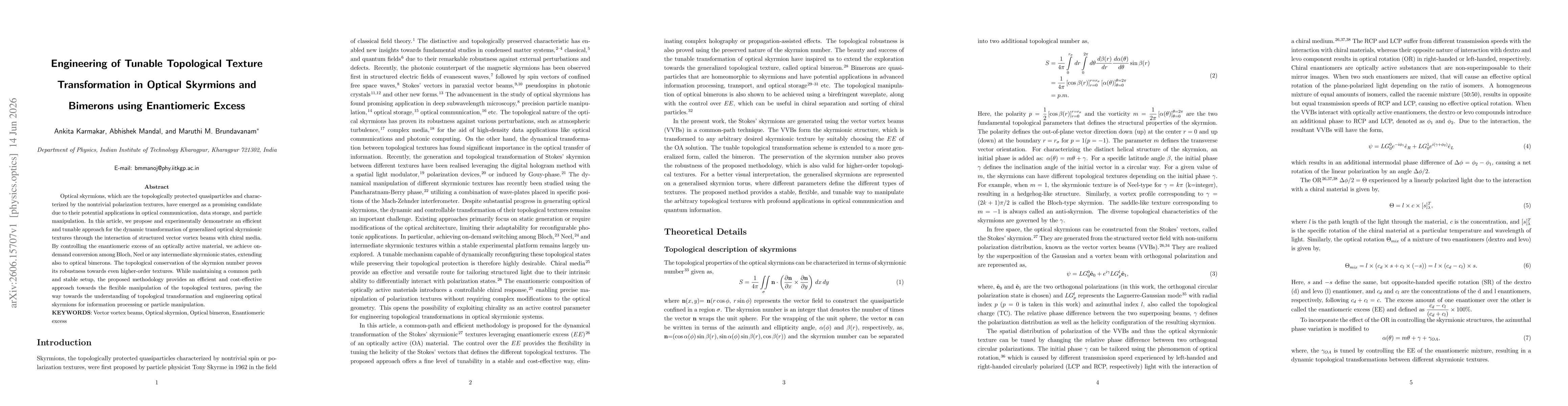 Thumbnail for Engineering of Tunable Topological Texture Transformation in Optical Skyrmions and Bimerons using Enantiomeric Excess