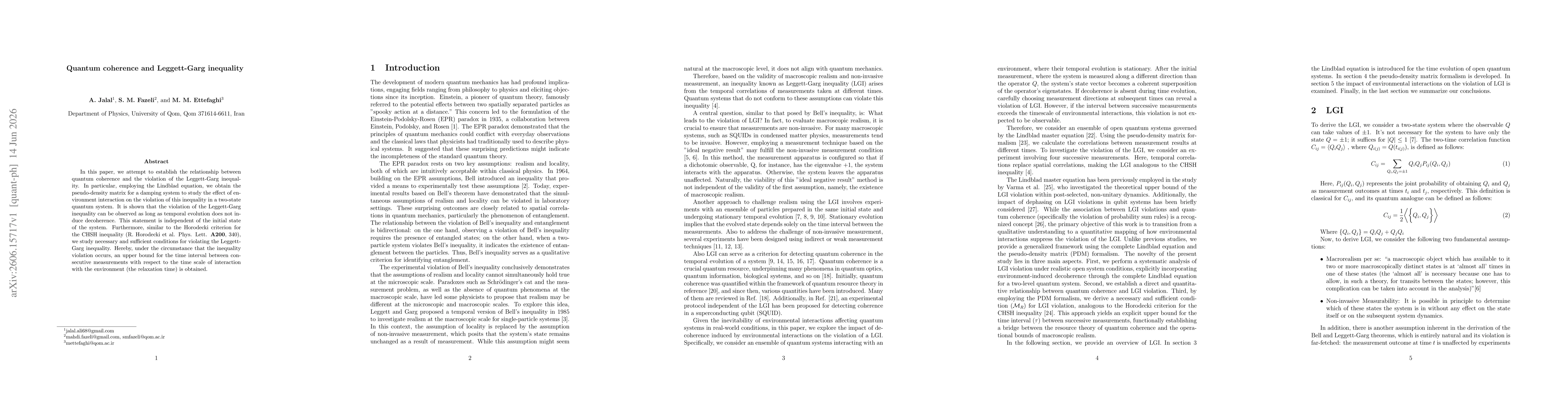 Thumbnail for Quantum coherence and Leggett-Garg inequality