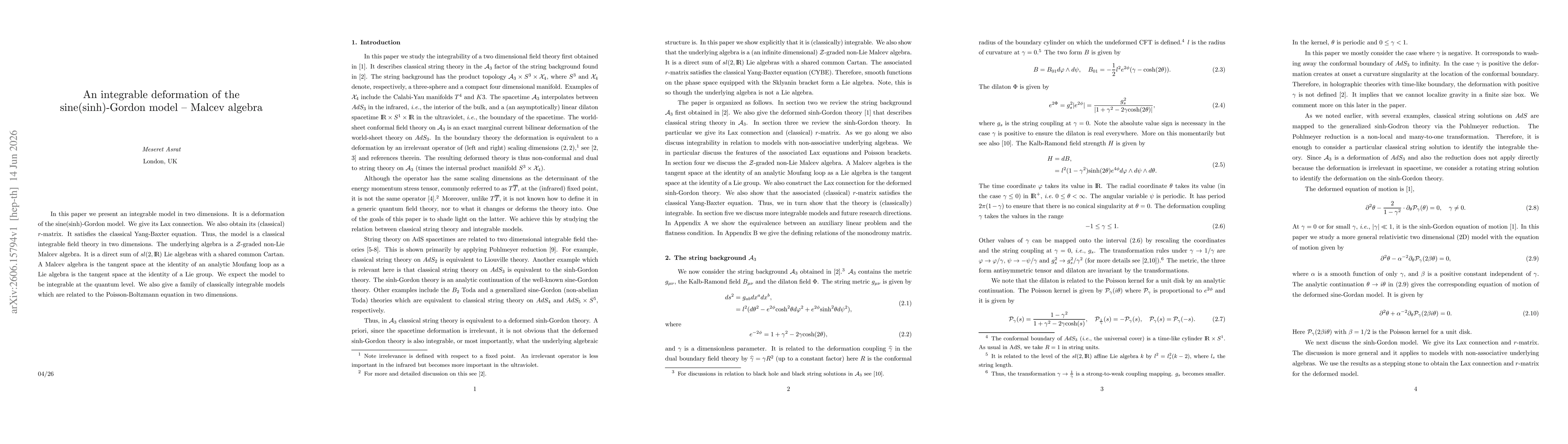 Thumbnail for An integrable deformation of the sine(sinh)-Gordon model -- Malcev algebra