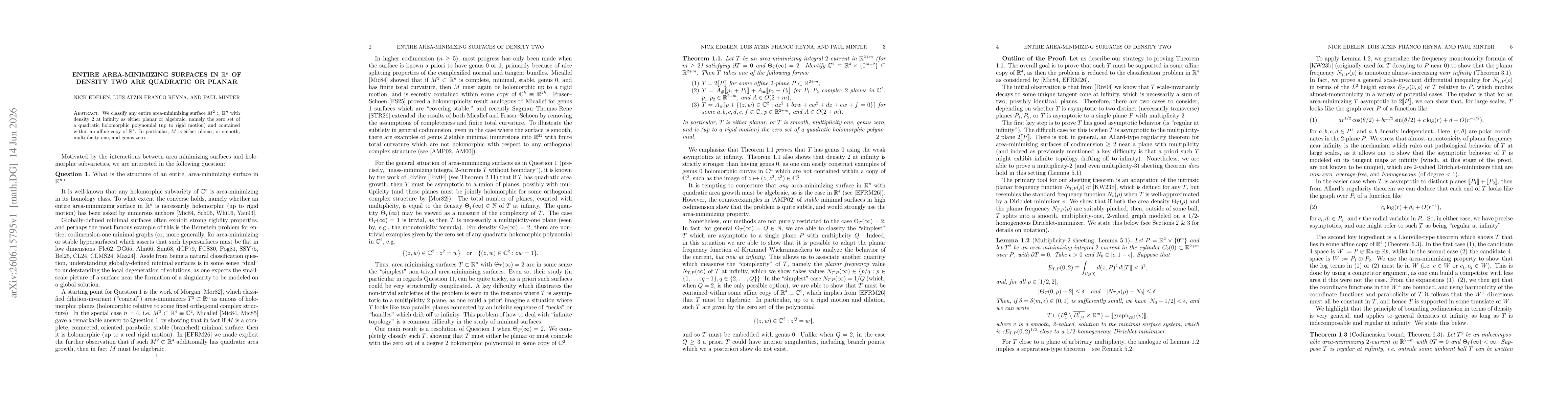 Thumbnail for Entire area-minimizing surfaces in $\mathbf{R}^n$ of density two are quadratic or planar