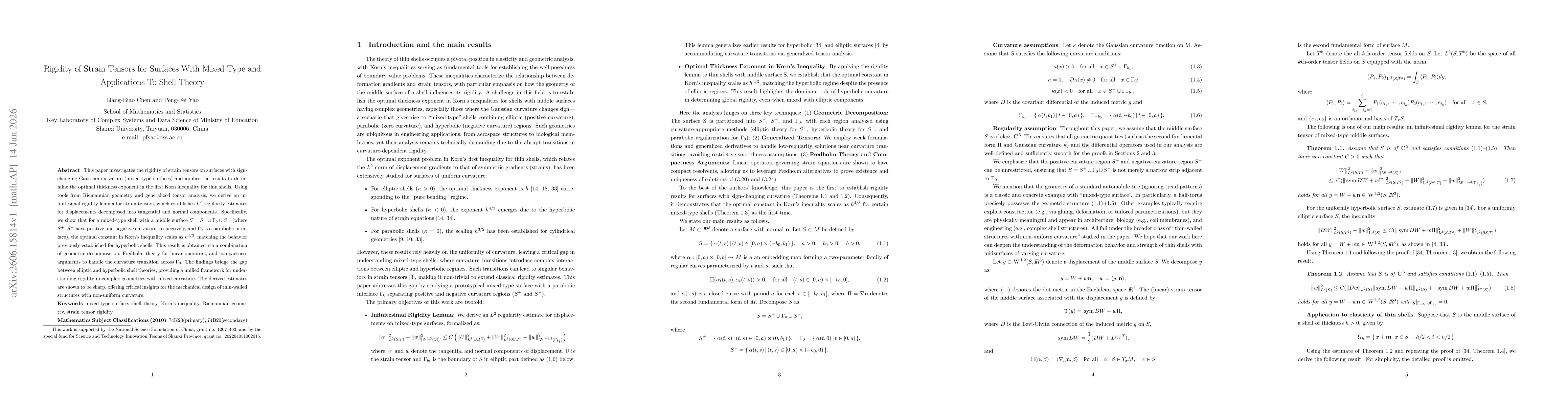 Thumbnail for Rigidity of Strain Tensors for Surfaces With Mixed Type and Applications To Shell Theory