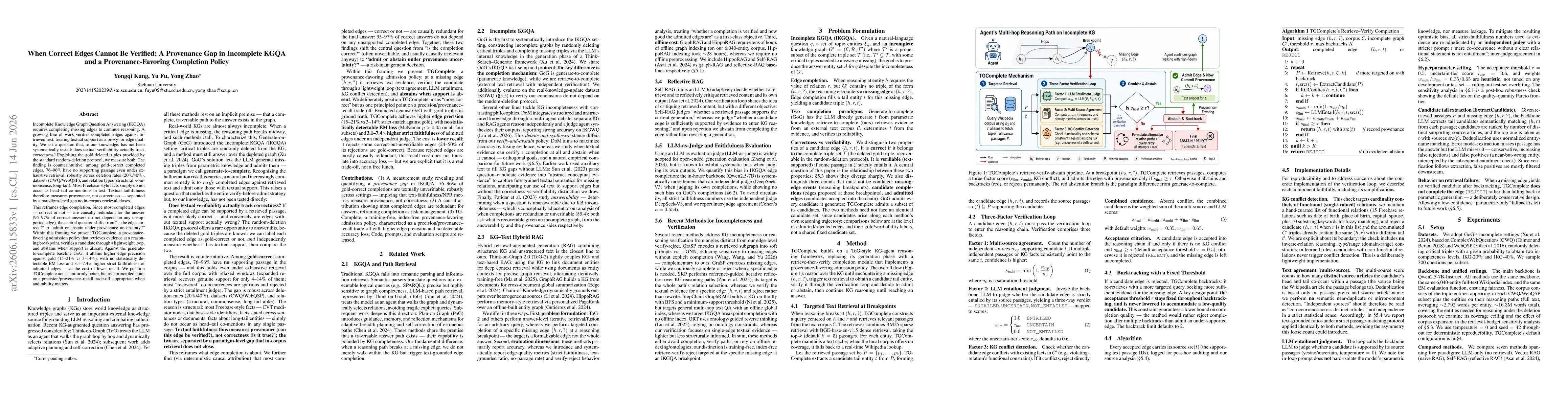 Thumbnail for When Correct Edges Cannot Be Verified: A Provenance Gap in Incomplete KGQA and a Provenance-Favoring Completion Policy
