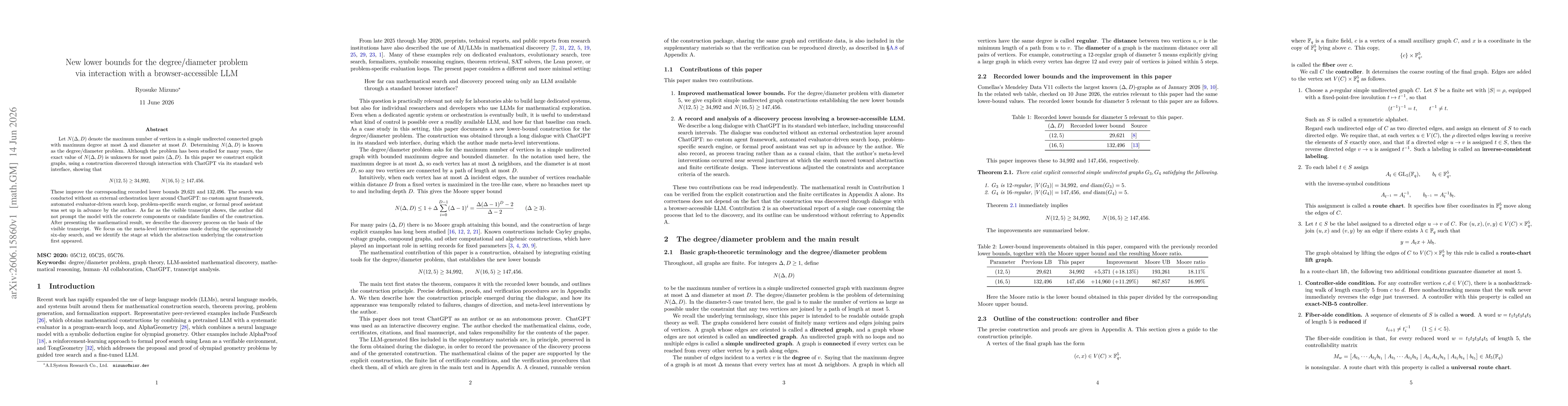 Thumbnail for New lower bounds for the degree/diameter problem via interaction with a browser-accessible LLM