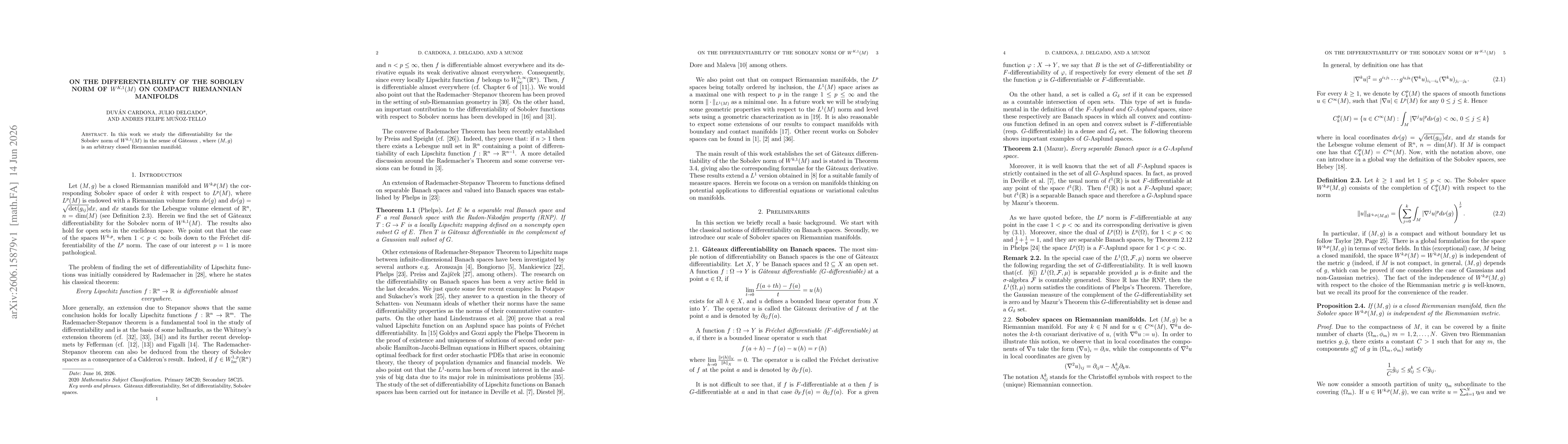Thumbnail for On the differentiability of the Sobolev norm of $W^{k,1}(M)$ on compact Riemannian manifolds