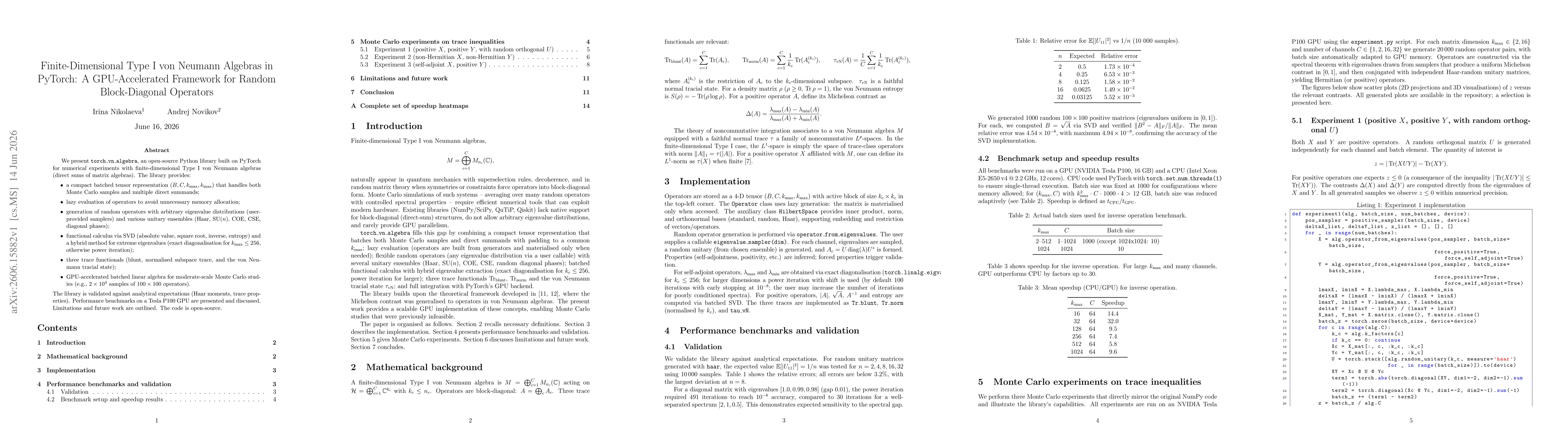Thumbnail for Finite-Dimensional Type I von Neumann Algebras in PyTorch: A GPU-Accelerated Framework for Random Block-Diagonal Operators