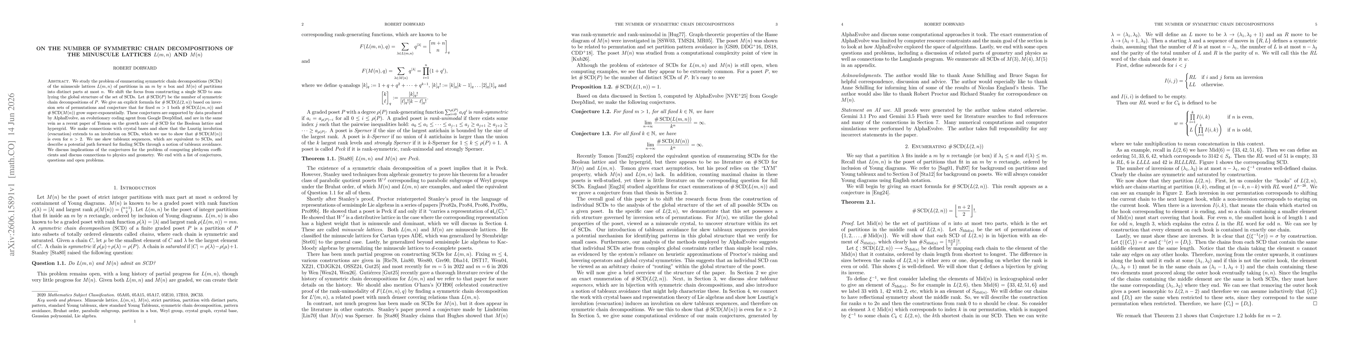 Thumbnail for On the number of symmetric chain decompositions of the minuscule lattices $L(m,n)$ and $M(n)$