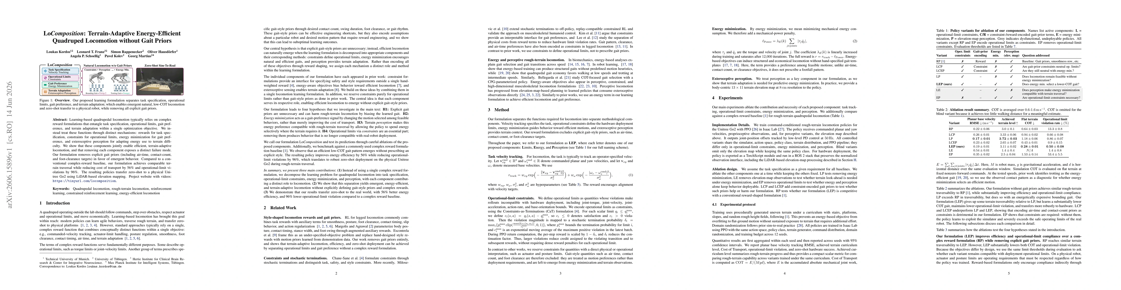Thumbnail for LoComposition: Terrain-Adaptive Energy-Efficient Quadruped Locomotion without Gait Priors