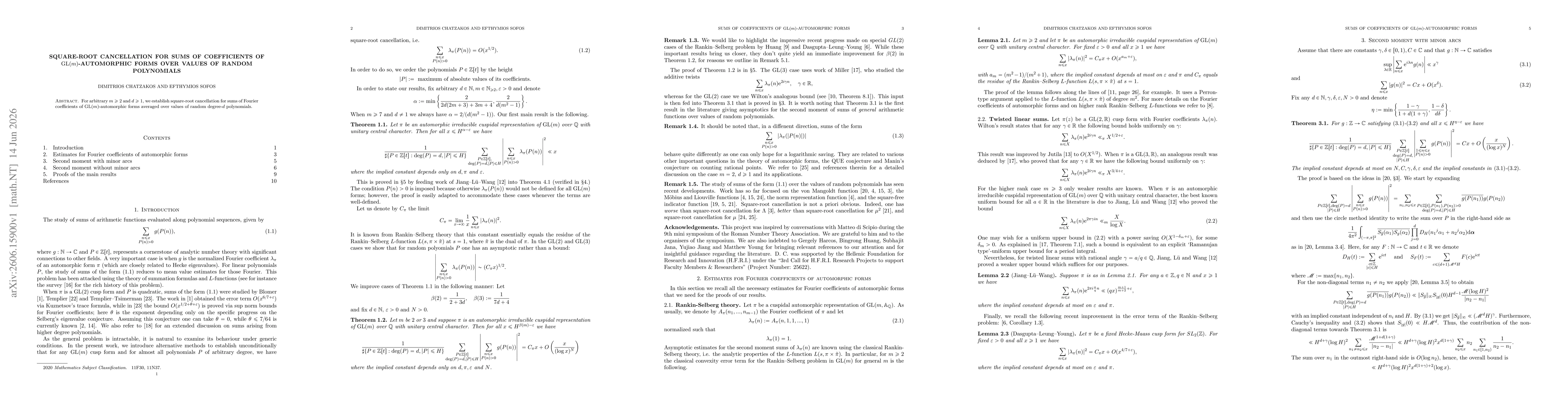 Thumbnail for Square-root cancellation for sums of coefficients of $\operatorname{GL}(m)$-automorphic forms over values of random polynomials