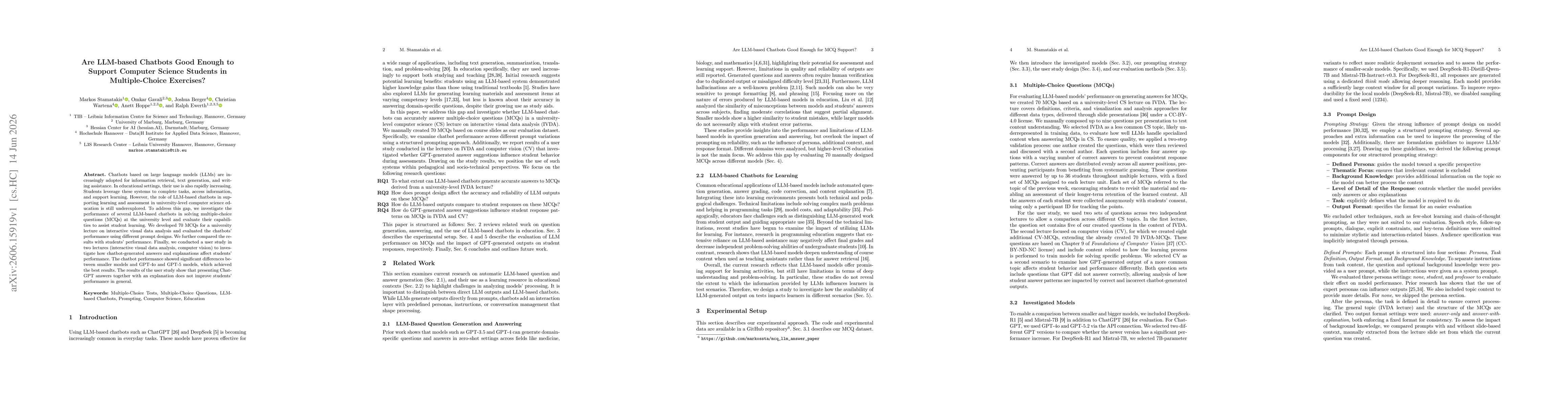 Thumbnail for Are LLM-based Chatbots Good Enough to Support Computer Science Students in Multiple-Choice Exercises?