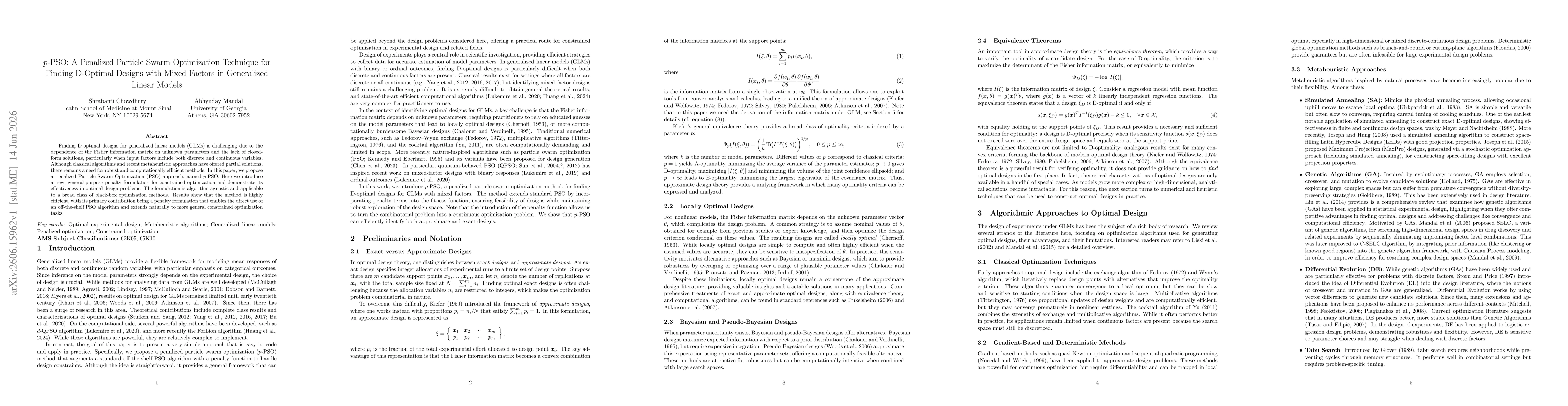 Thumbnail for p-PSO: A Penalized Particle Swarm Optimization Technique for Finding D-Optimal Designs with Mixed Factors in Generalized Linear Models