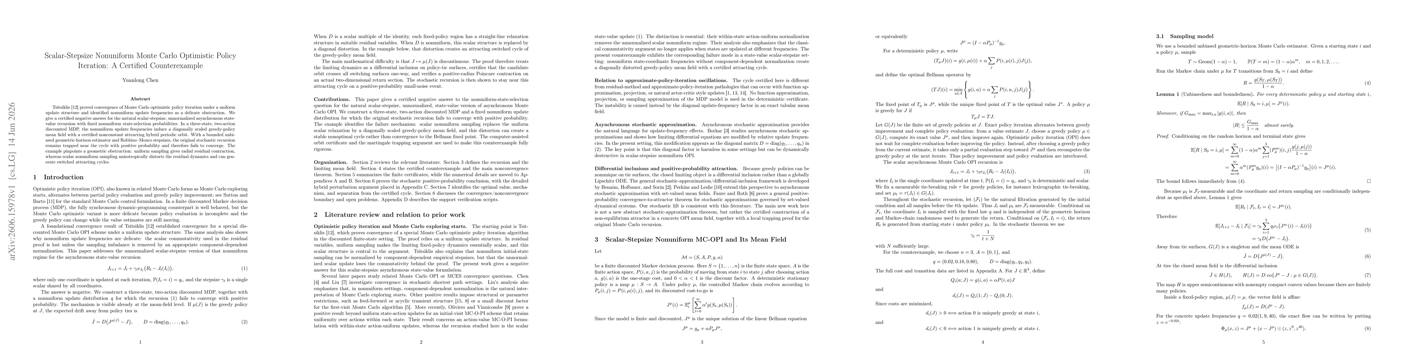 Thumbnail for Scalar-Stepsize Nonuniform Monte Carlo Optimistic Policy Iteration: A Certified Counterexample