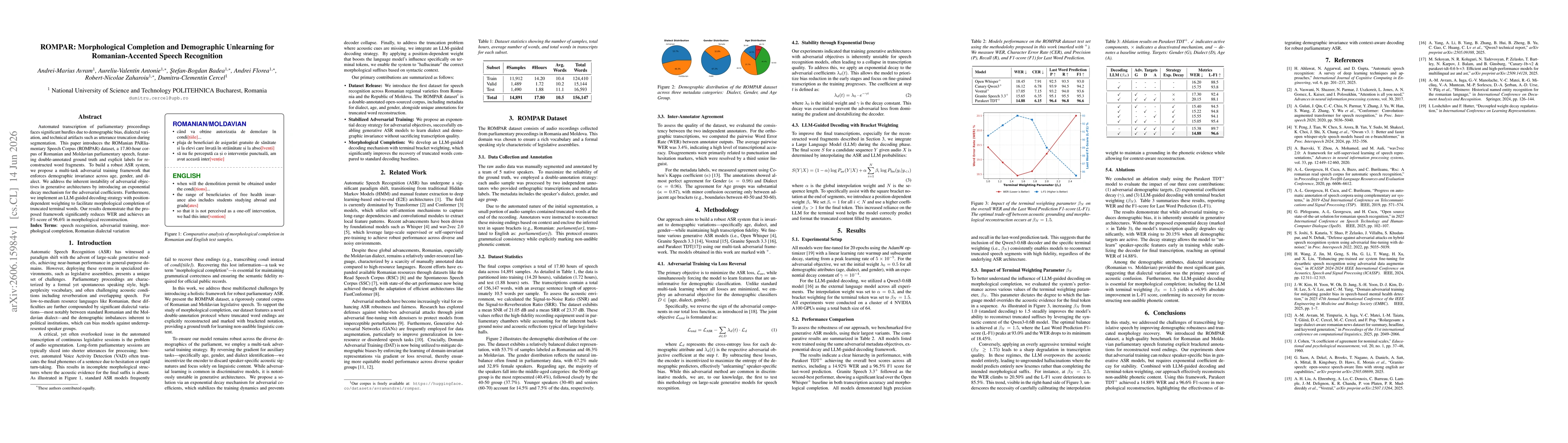 Thumbnail for ROMPAR: Morphological Completion and Demographic Unlearning for Romanian-Accented Speech Recognition