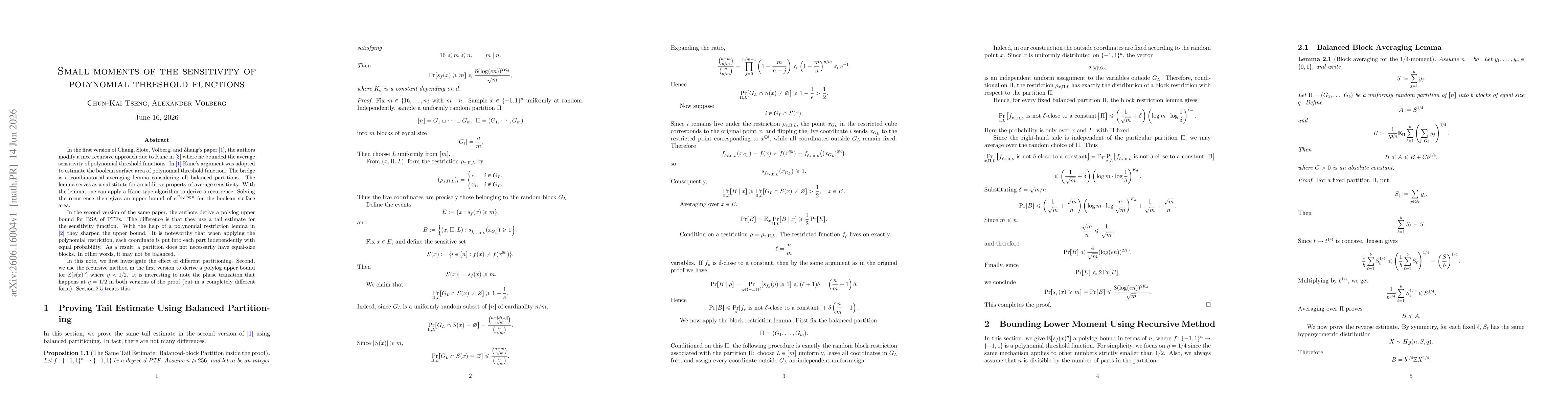 Thumbnail for Small moments of the sensitivity of polynomial threshold functions