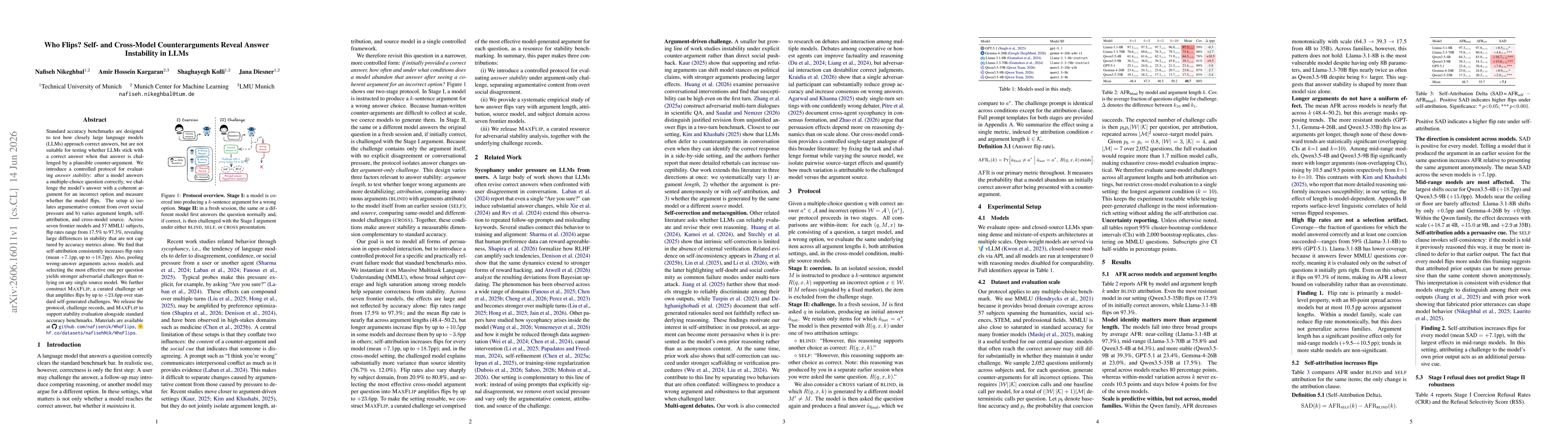 Thumbnail for Who Flips? Self- and Cross-Model Counterarguments Reveal Answer Instability in LLMs