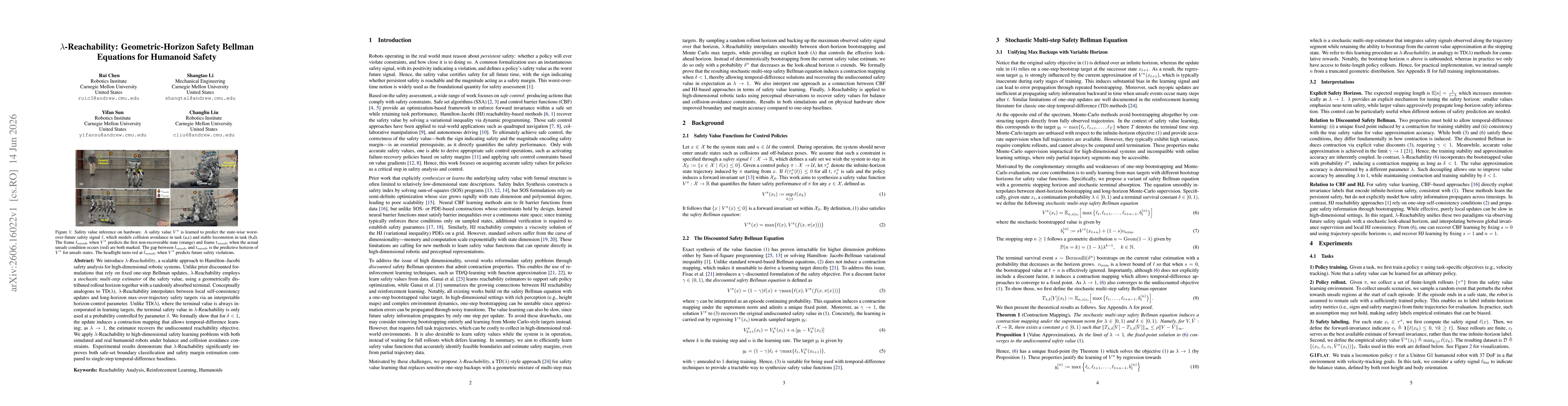Thumbnail for $λ$-Reachability: Geometric-Horizon Safety Bellman Equations for Humanoid Safety