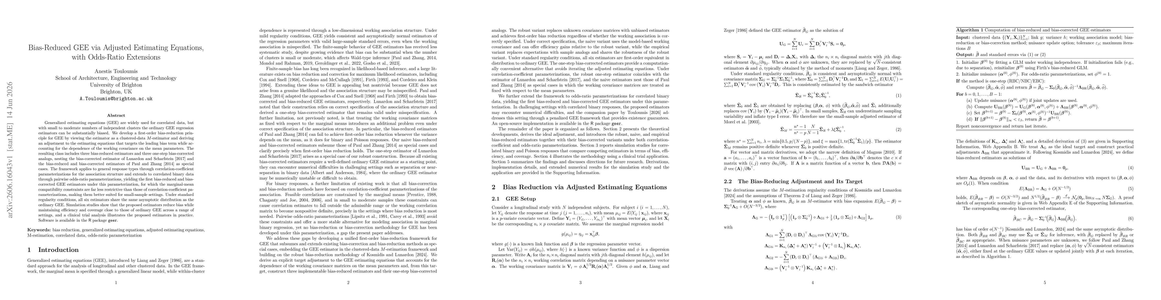 Thumbnail for Bias-Reduced GEE via Adjusted Estimating Equations, with Odds-Ratio Extensions