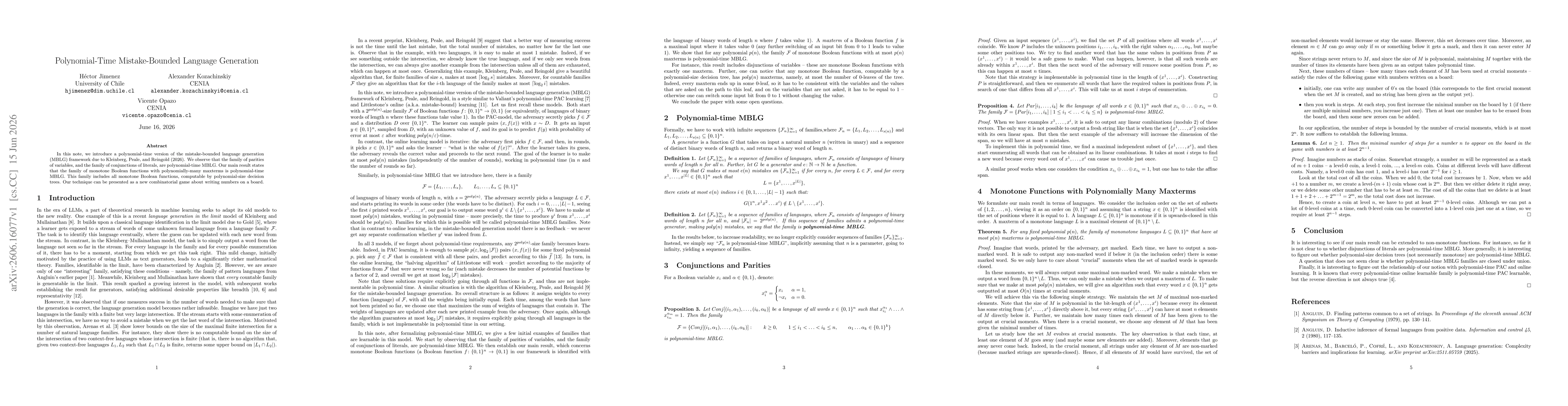 Thumbnail for Polynomial-Time Mistake-Bounded Language Generation