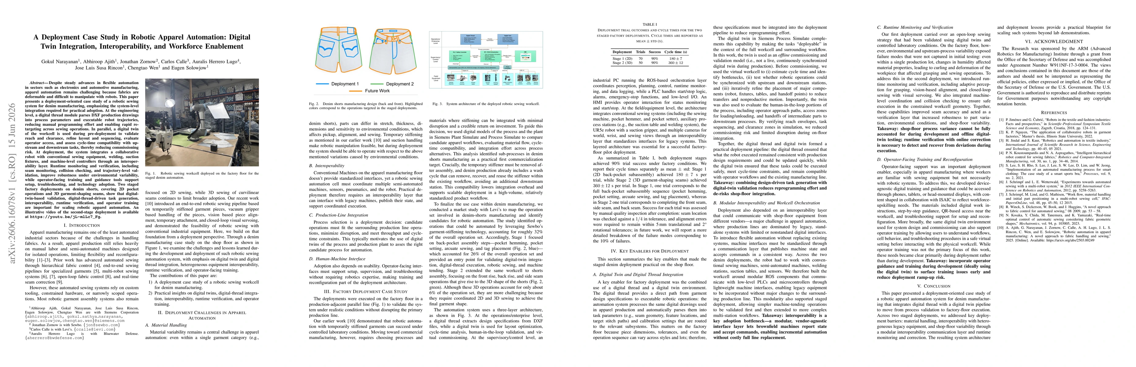 Thumbnail for A Deployment Case Study in Robotic Apparel Automation: Digital Twin Integration, Interoperability, and Workforce Enablement