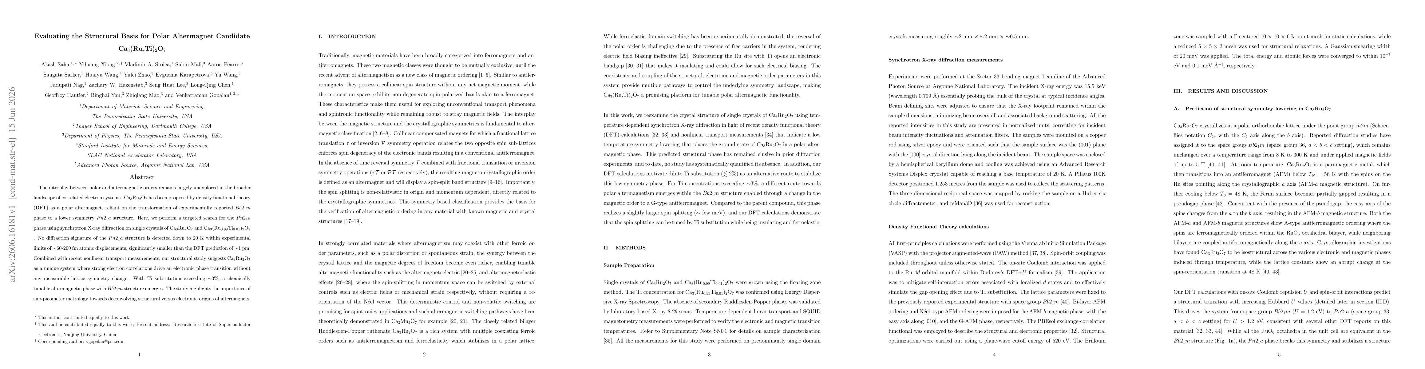 Thumbnail for Evaluating the Structural Basis for Polar Altermagnet Candidate Ca$_{3}$(Ru,Ti)$_{2}$O$_{7}$