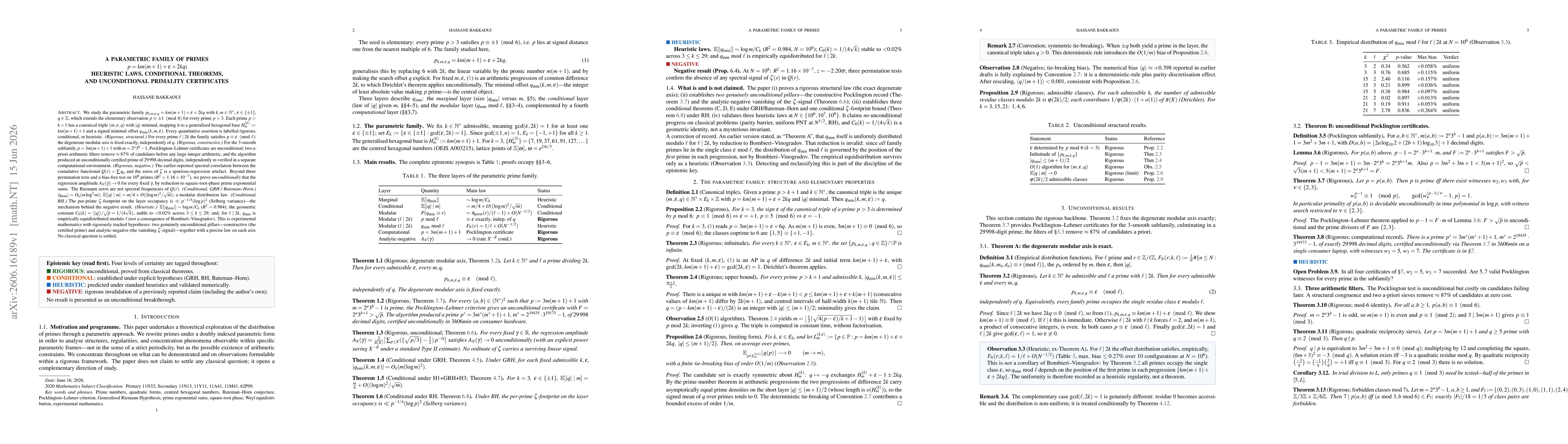 Thumbnail for A parametric family of primes p = km(m+1) + e + 2kq: heuristic laws, conditional theorems, and unconditional primality certificates