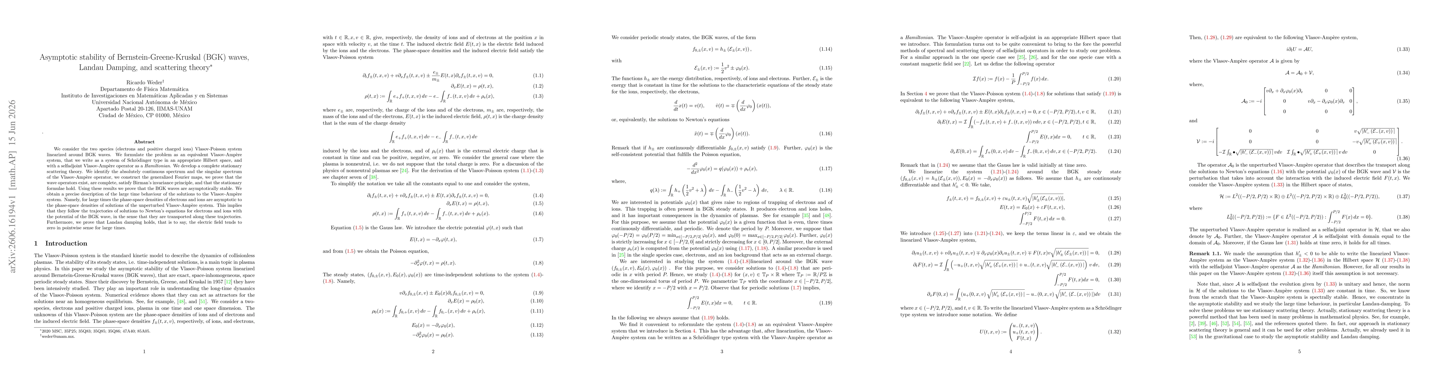 Thumbnail for Asymptotic stability of Bernstein-Greene-Kruskal (BGK) waves, Landau Damping, and scattering theory