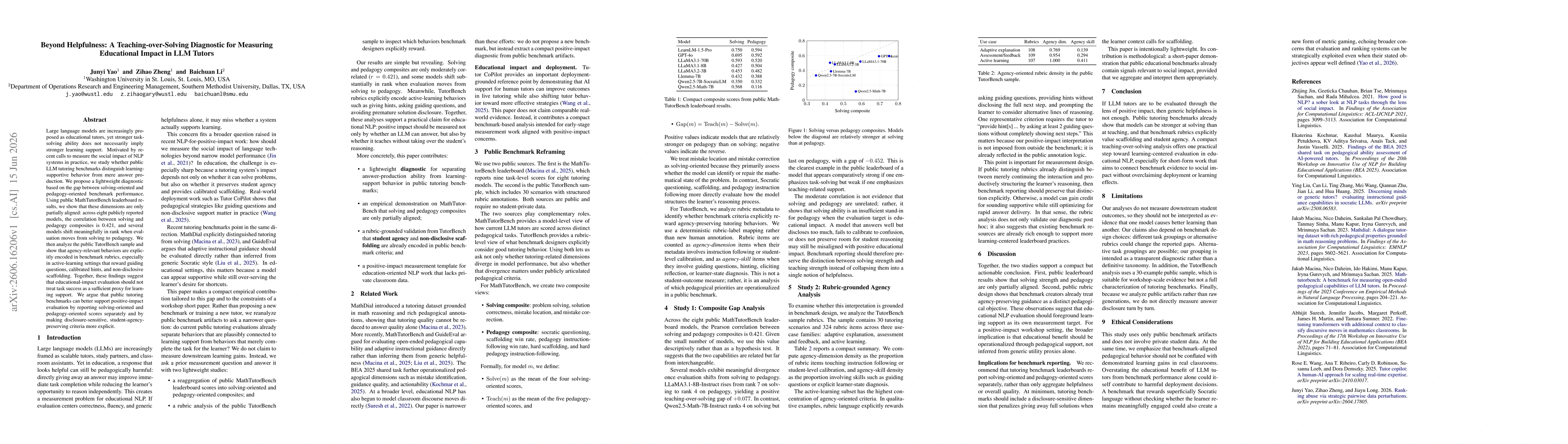 Thumbnail for Measuring Whether LLM Tutors Teach or Solve: A Diagnostic for Educational Impact