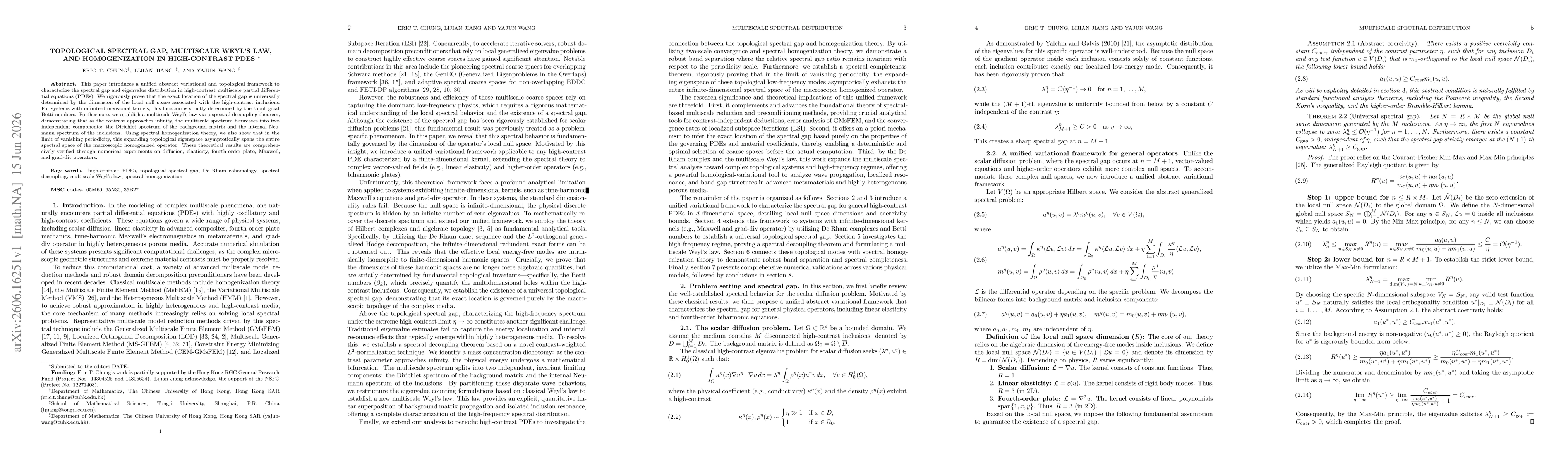 Thumbnail for Topological spectral gap, multiscale Weyl's law, and homogenization in high-contrast PDEs