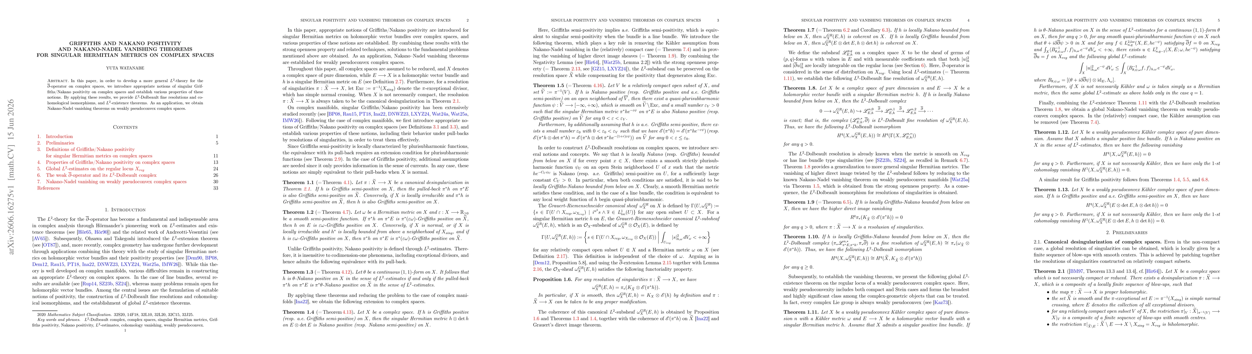 Thumbnail for Griffiths and Nakano positivity and Nakano-Nadel vanishing theorems for singular Hermitian metrics on complex spaces