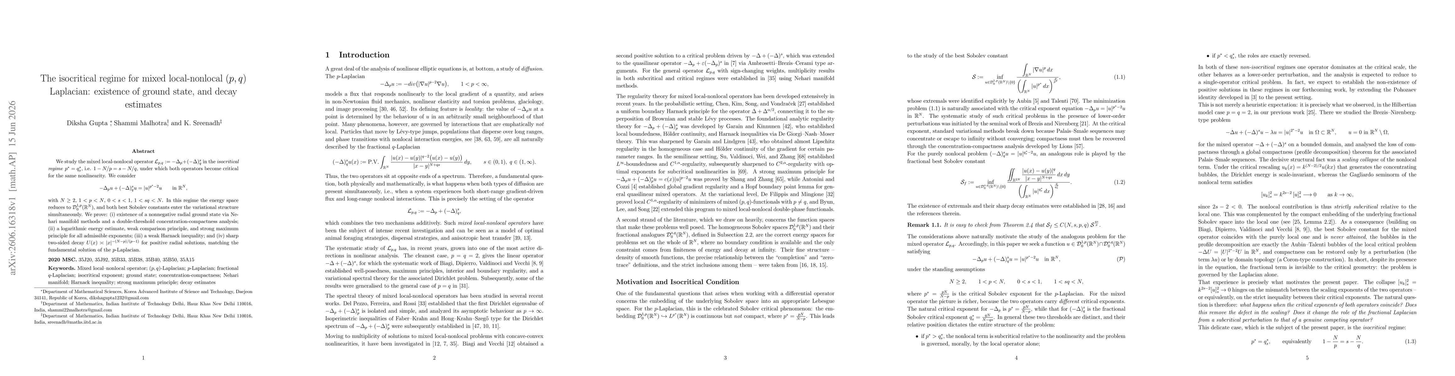 Thumbnail for The isocritical regime for mixed local-nonlocal $(p,q)$ Laplacian: existence of ground state, and decay estimates