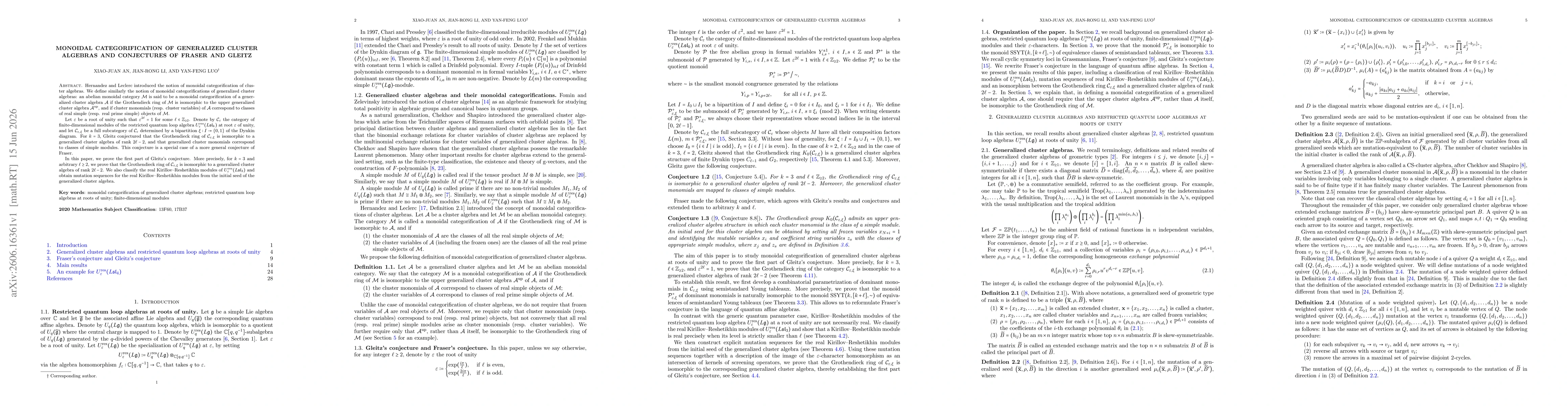 Thumbnail for Monoidal categorification of generalized cluster algebras and conjectures of Fraser and Gleitz