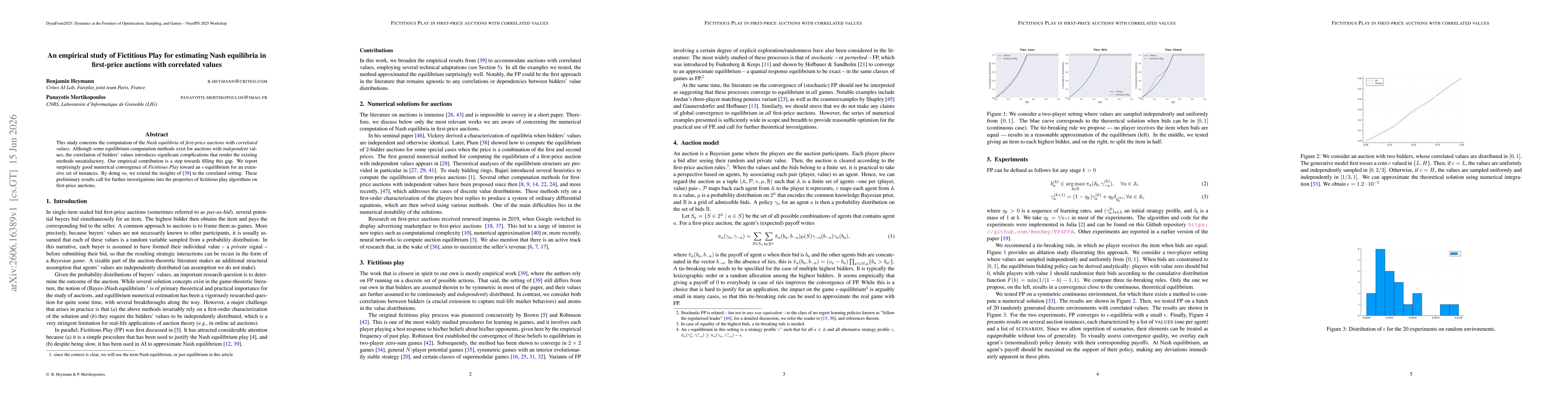 Thumbnail for An empirical study of Fictitious Play for estimating Nash equilibria in first-price auctions with correlated values