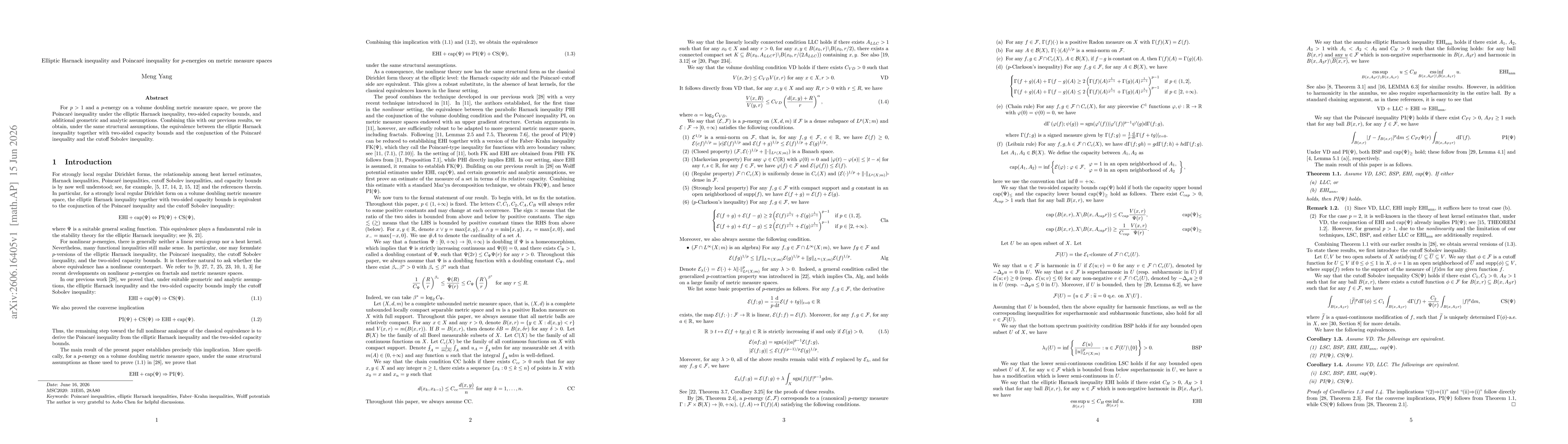 Thumbnail for Elliptic Harnack inequality and Poincaré inequality for $p$-energies on metric measure spaces