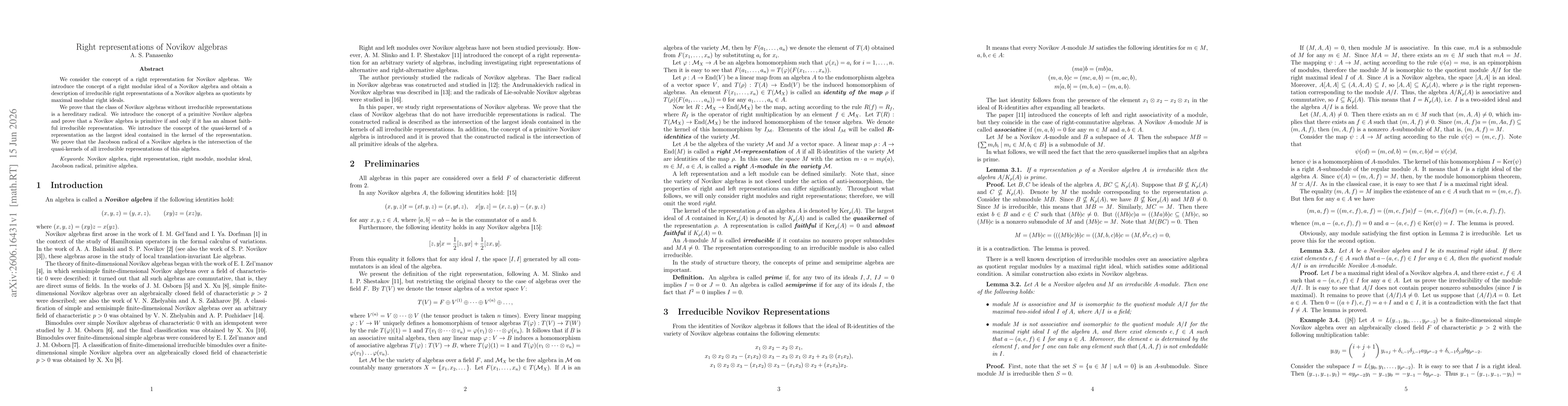 Thumbnail for Right representations of Novikov algebras