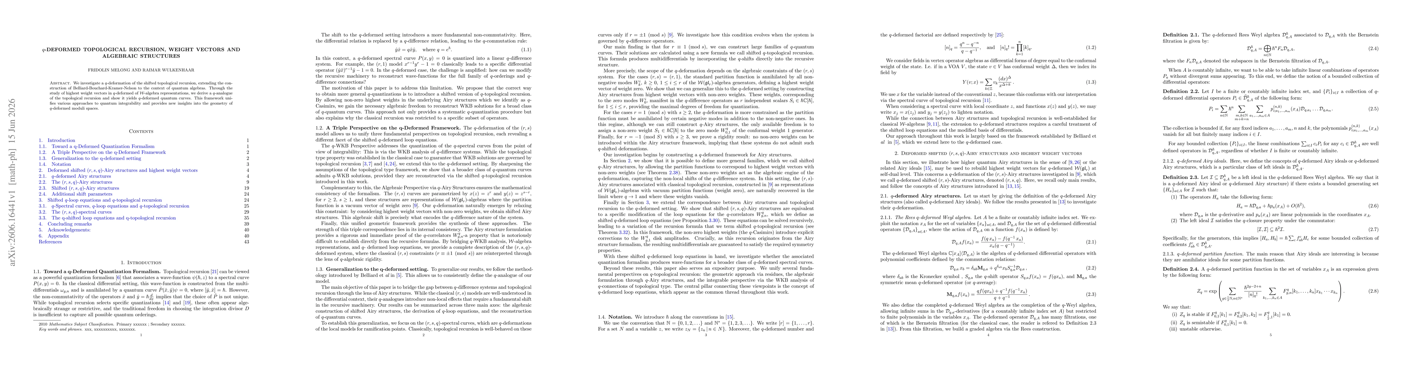 Thumbnail for $q$-Deformed Topological Recursion, Weight Vectors and Algebraic Structures