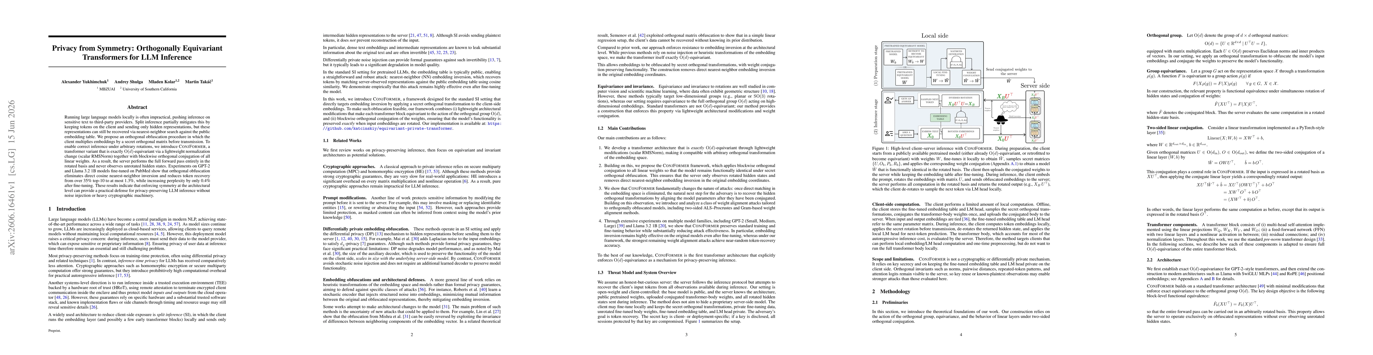 Thumbnail for Privacy from Symmetry: Orthogonally Equivariant Transformers for LLM Inference