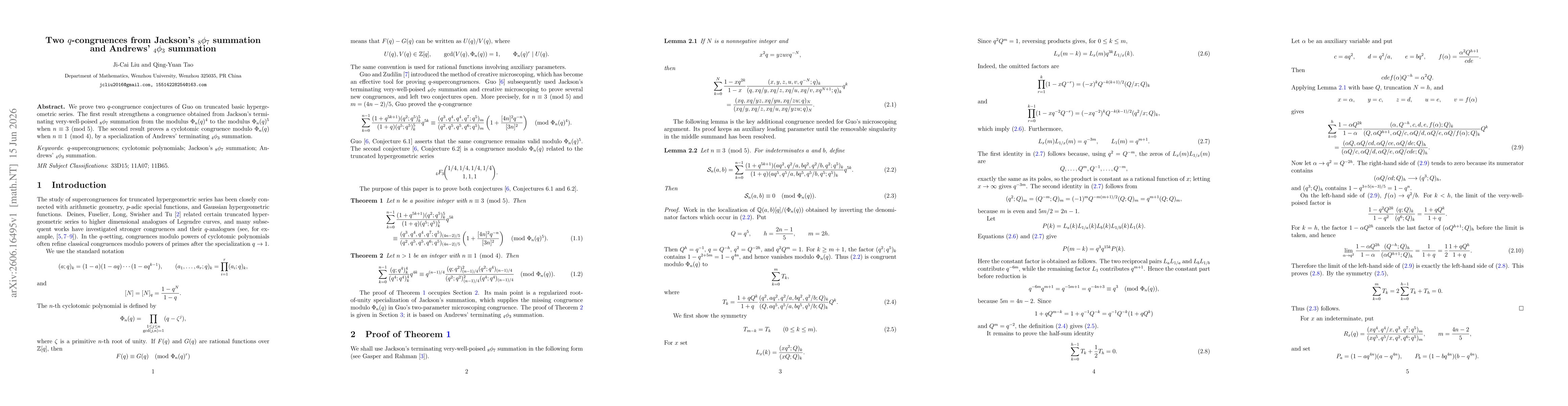 Thumbnail for Two $q$-congruences from Jackson's ${}_8φ_7$ summation and Andrews' ${}_4φ_3$ summation