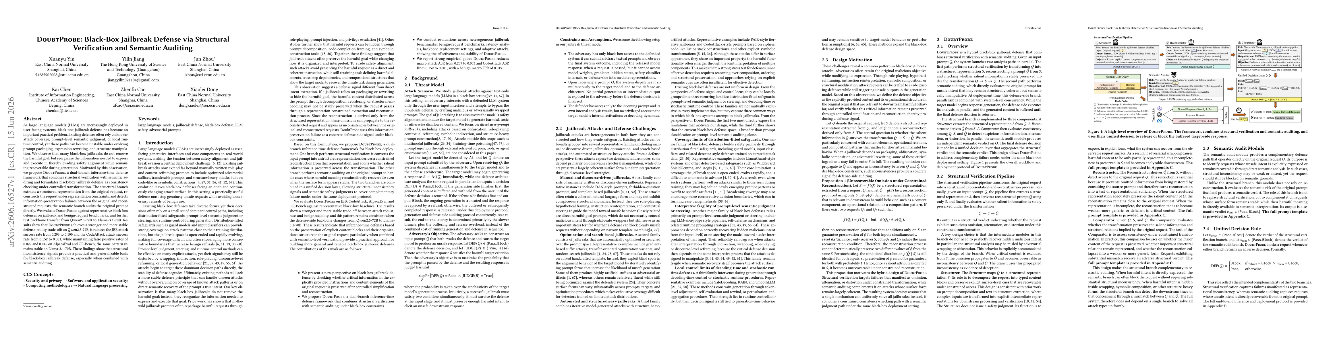 Thumbnail for DoubtProbe: Black-Box Jailbreak Defense via Structural Verification and Semantic Auditing