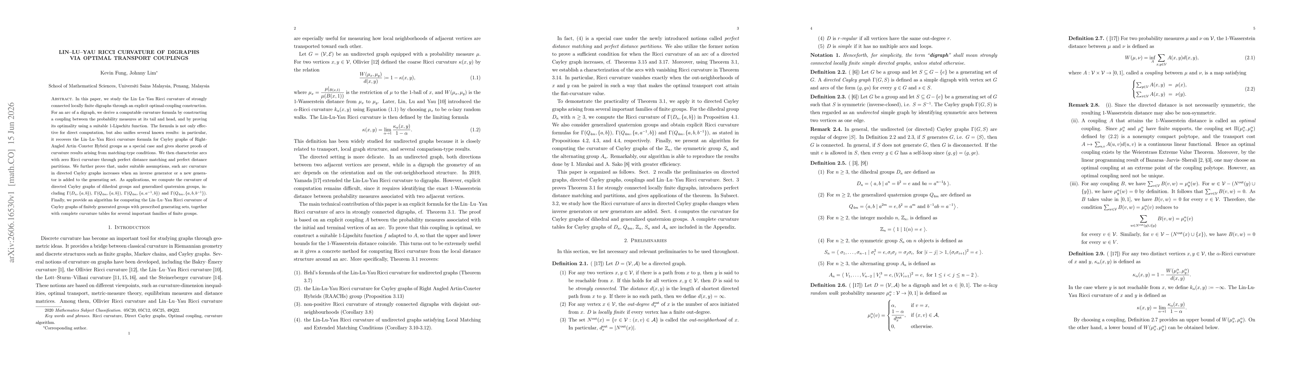 Thumbnail for Lin--Lu--Yau Ricci Curvature of Digraphs via Optimal Transport Couplings