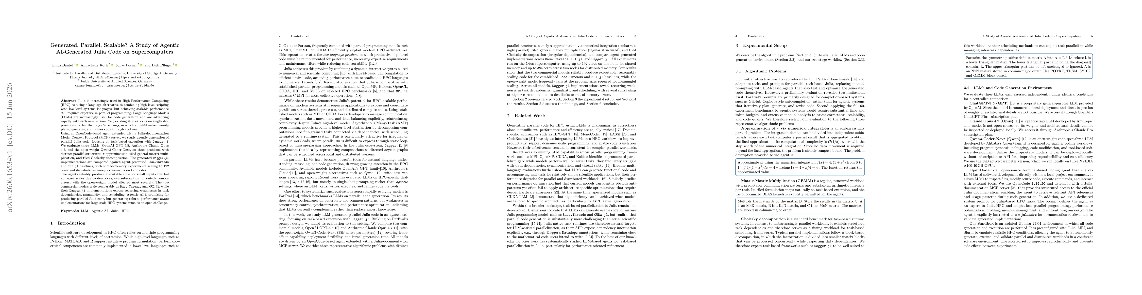 Thumbnail for Generated, Parallel, Scalable? A Study of Agentic AI-Generated Julia Code on Supercomputers
