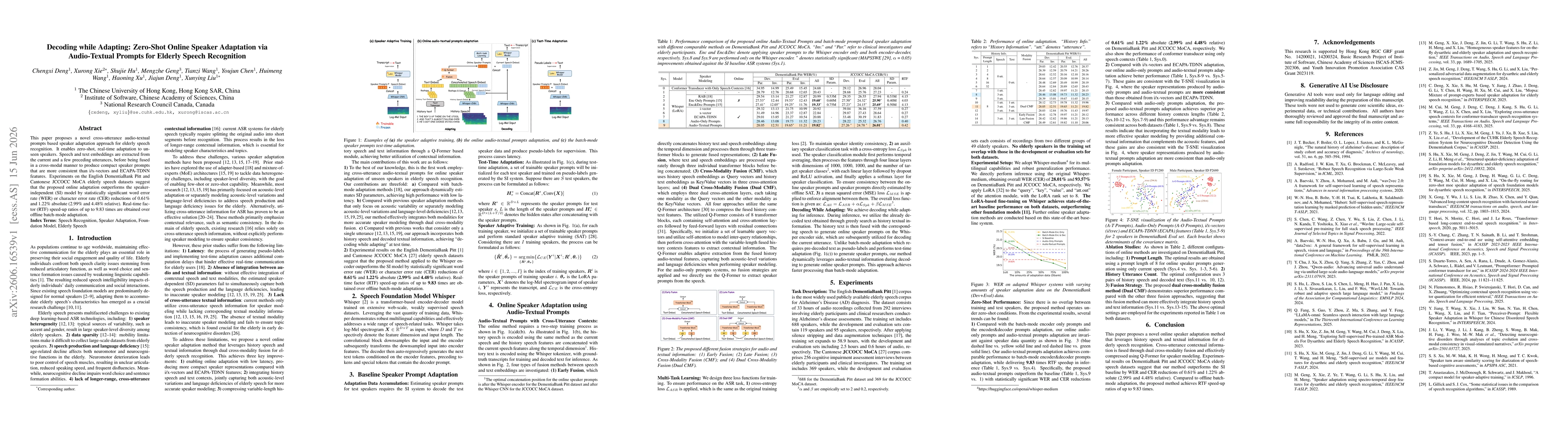 Thumbnail for Decoding while Adapting: Zero-Shot Online Speaker Adaptation via Audio-Textual Prompts for Elderly Speech Recognition