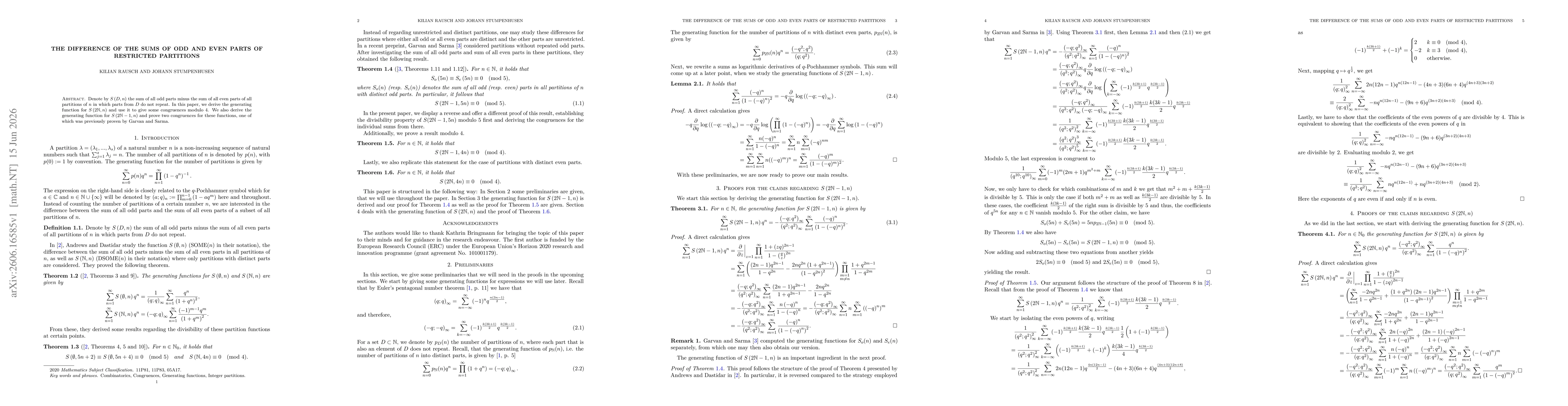 Thumbnail for The difference of the sums of odd and even parts of restricted partitions