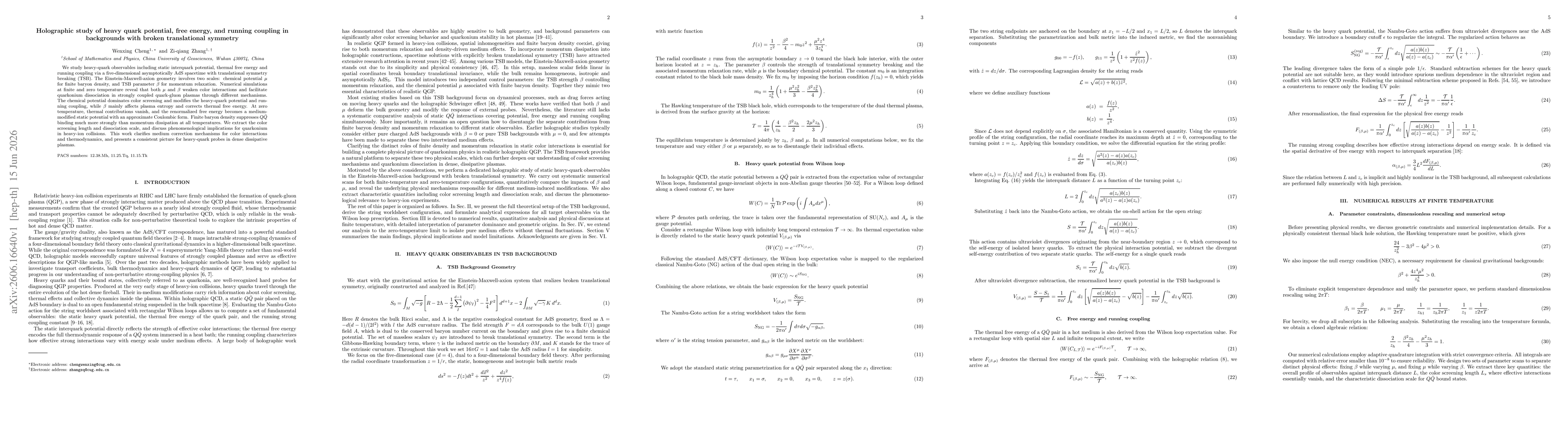 Thumbnail for Holographic study of heavy quark potential, free energy, and running coupling in backgrounds with broken translational symmetry