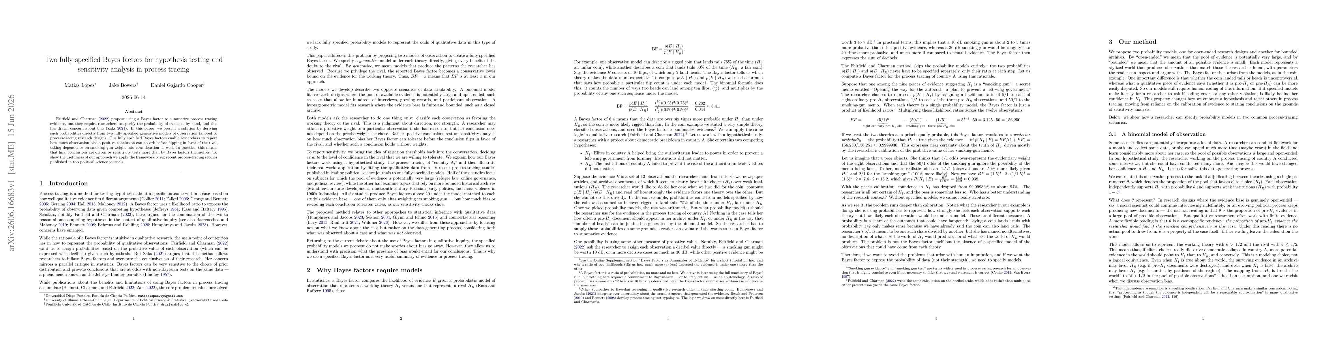 Thumbnail for Two fully specified Bayes factors for hypothesis testing and sensitivity analysis in process tracing