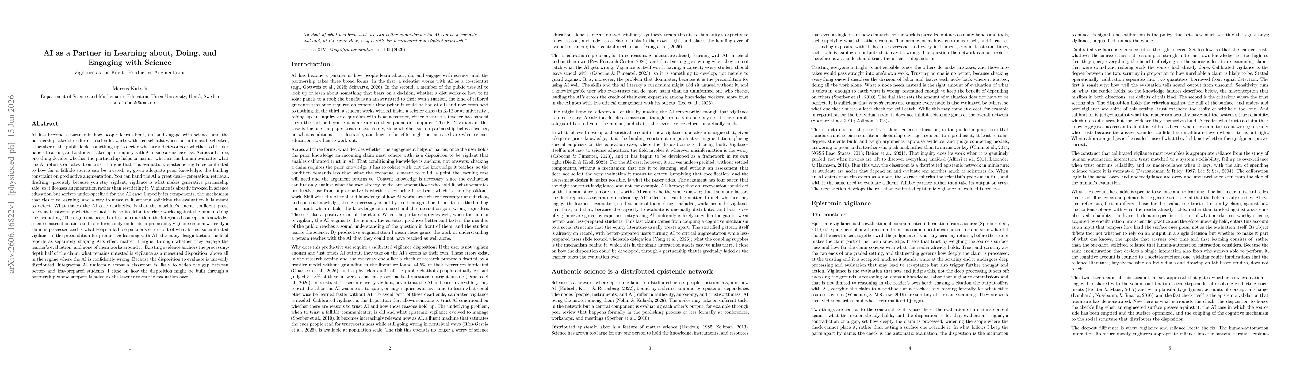 Thumbnail for AI as a Partner in Learning about, Doing, and Engaging with Science: Vigilance as the Key to Productive Augmentation