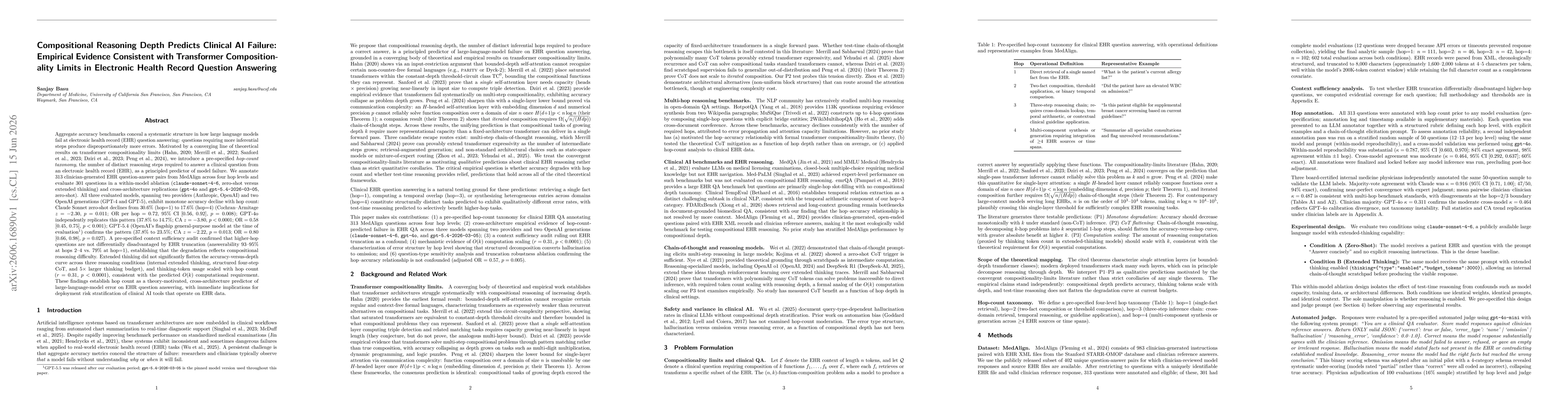 Thumbnail for Compositional Reasoning Depth Predicts Clinical AI Failure: Empirical Evidence Consistent with Transformer Compositionality Limits in Electronic Health Record Question Answering
