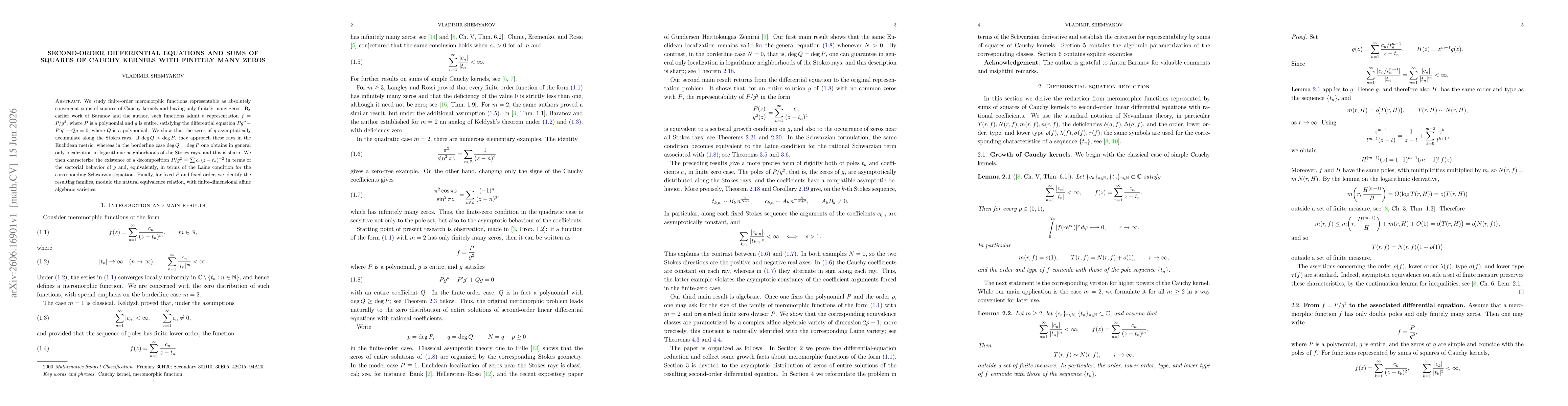 Thumbnail for Second-Order Differential Equations and Sums of Squares of Cauchy Kernels with Finitely Many Zeros