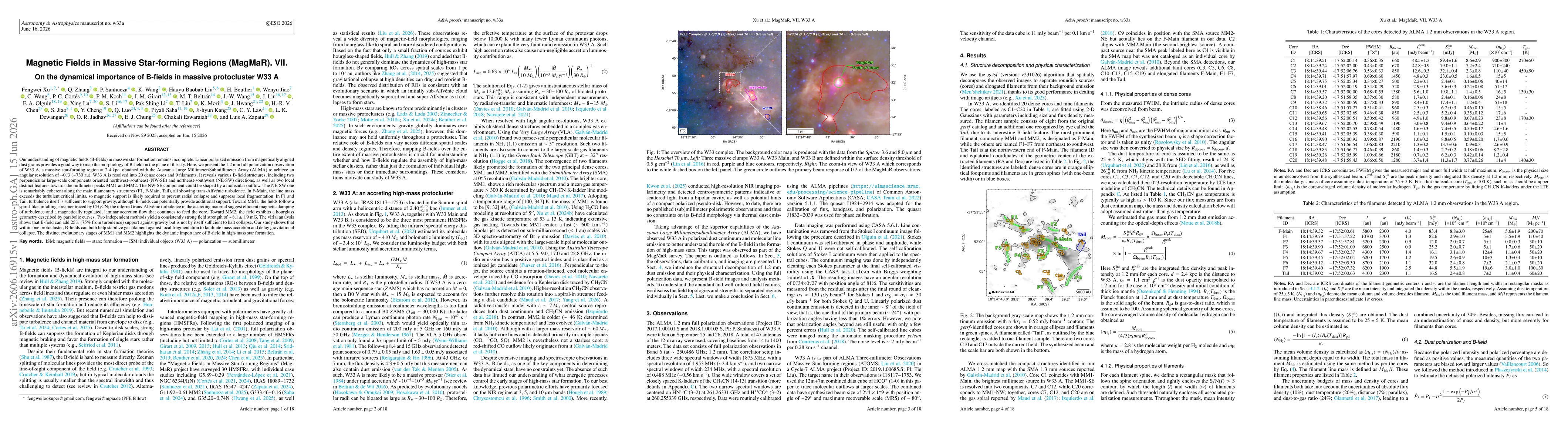 Thumbnail for Magnetic Fields in Massive Star-forming Regions (MagMaR). VII. On the dynamical importance of B-fields in massive protocluster W33 A