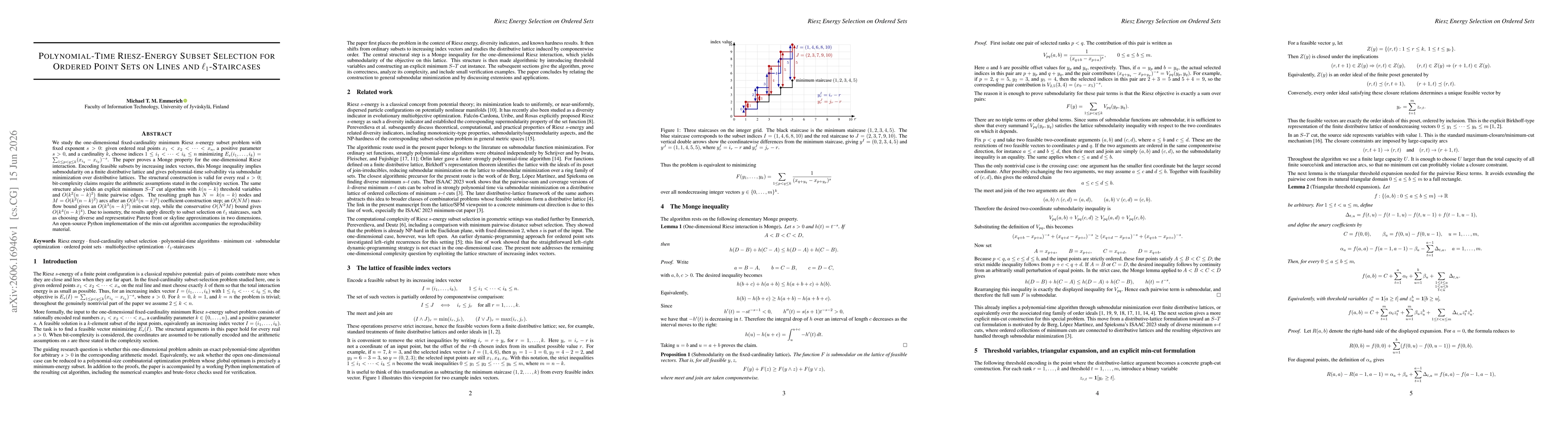 Thumbnail for Polynomial-Time Riesz-Energy Subset Selection for Ordered Point Sets on Lines and $\ell_1$-Staircases