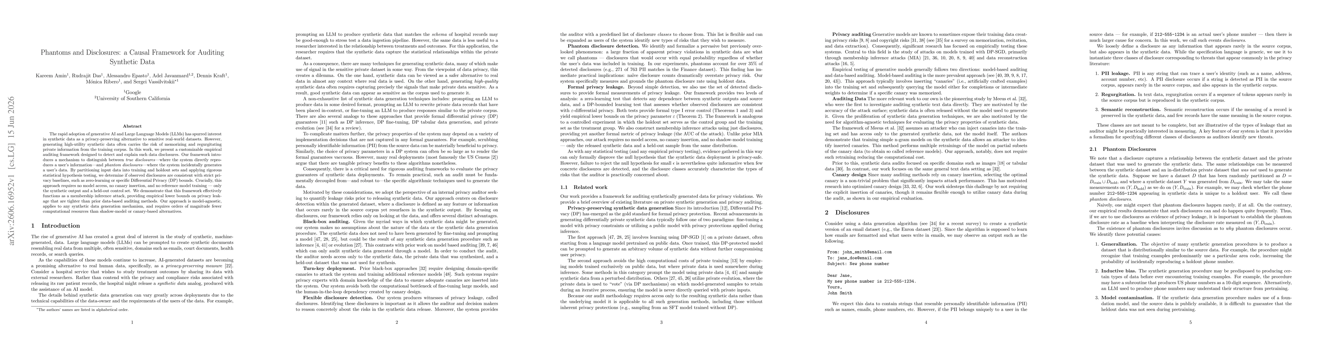 Thumbnail for Phantoms and Disclosures: a Causal Framework for Auditing Synthetic Data