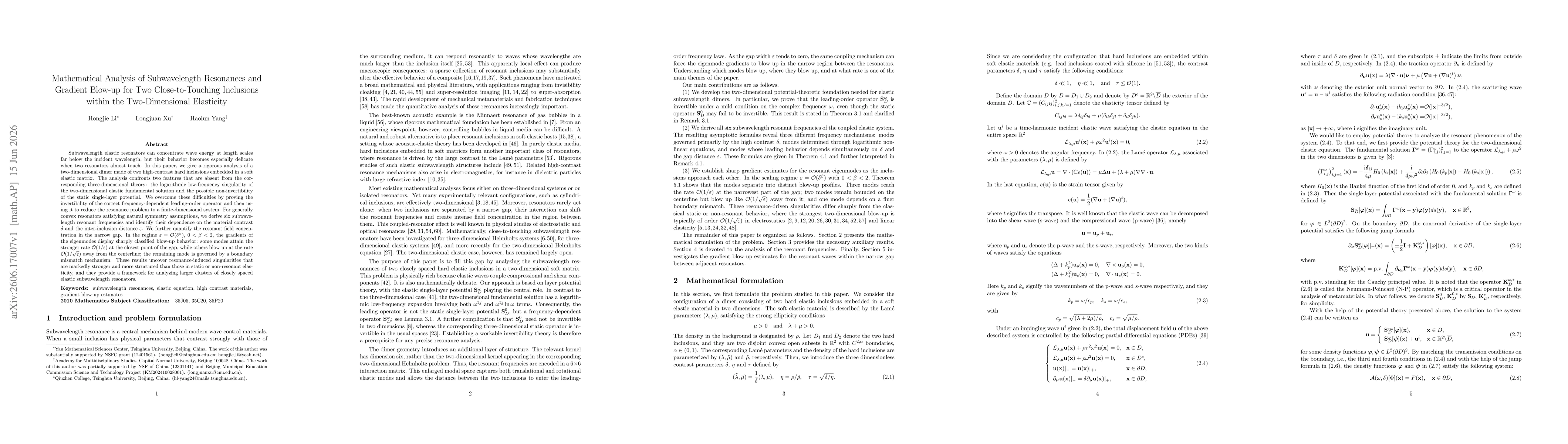 Thumbnail for Mathematical Analysis of Subwavelength Resonances and Gradient Blow-up for Two Close-to-Touching Inclusions within the Two-Dimensional Elasticity